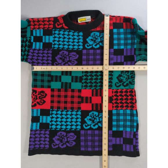 VTG Traffic Jam Sweater L Multicolor Patchwork Floral Geometric Knit 90s - Picture 6 of 8